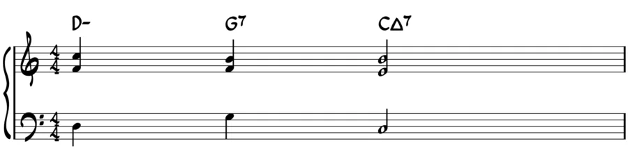 Notation of 2-5-1 starting with 3-note A voicings