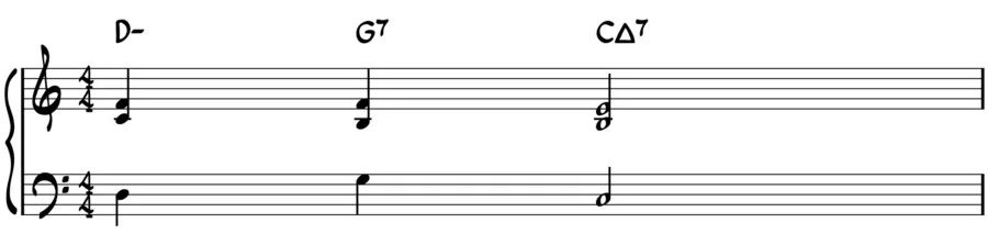 Notation of 2-5-1 starting with 3-note B voicings