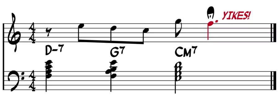 Music notation showing an F avoid note on a C major chord