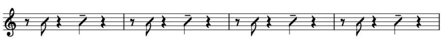 Music notation of the reverse charleston comping rhythm.