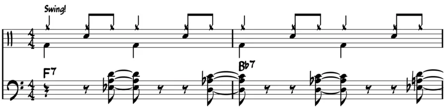 Notation showing how the comping rhythm anticipates the upcoming harmony.