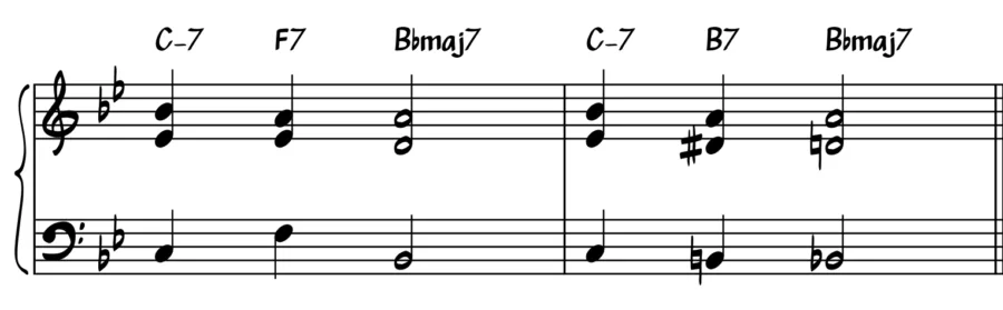 Musical notation showing a tritone substitution in Bb major