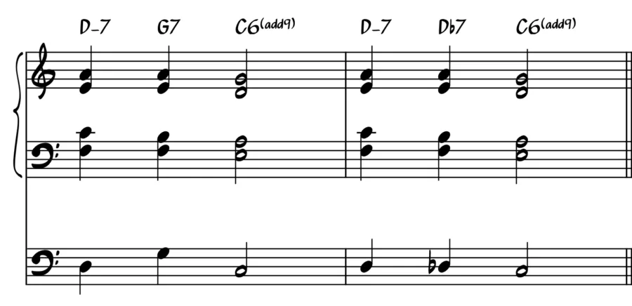 Notation showing how the bass player can solely decide to substitute a dominant for its tritone.