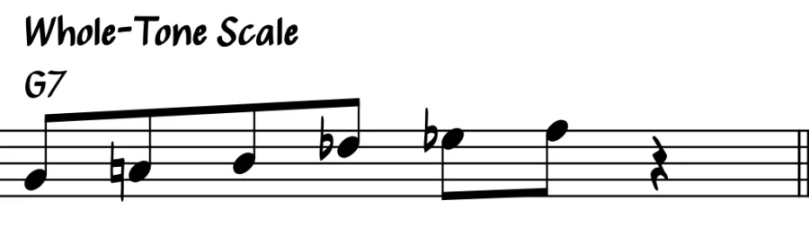 Notation of a whole tone scale over a G7 chord.