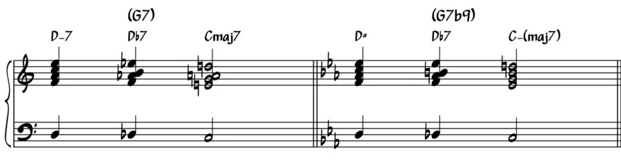 Notation of tritone substitutions applied to 2-5-1 chord progressions.