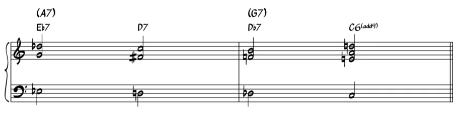 Music notation showing the application of tritone substitutions over a turnaround