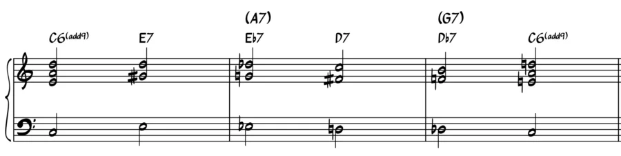 Notation of an extended turnaround progression with tritone substitutions applied.