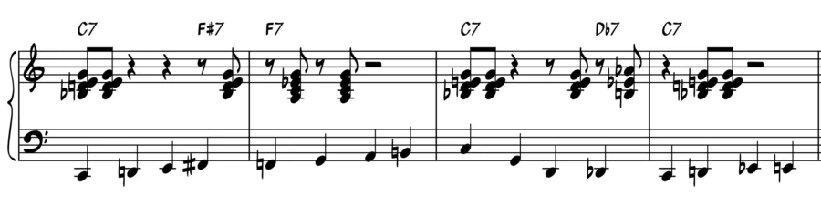 Notation showing how to add passing tritone substitutions in a blues.