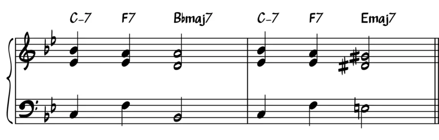 Notation showing a modulation from Bb to E using a tritone substitution